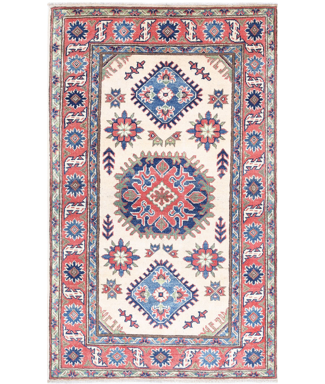 Kazak 2'10'' X 4'11'' Hand-Knotted Wool Rug 2'10'' x 4'11'' (85 X 148) / Ivory / Red