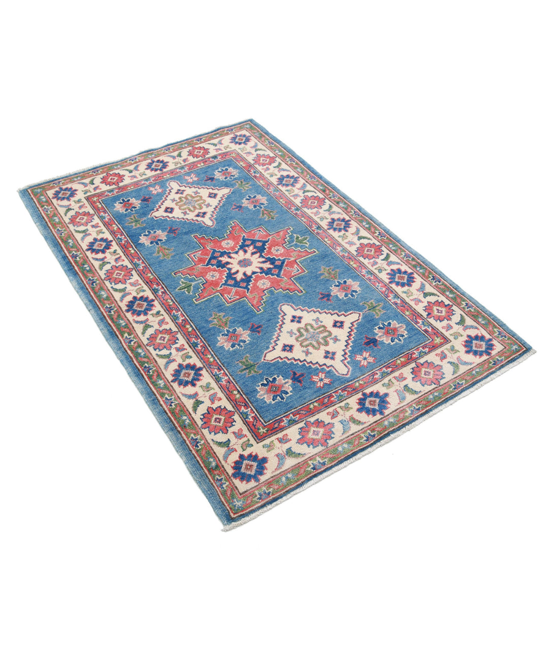 Kazak 3'2'' X 4'10'' Hand-Knotted Wool Rug 3'2'' x 4'10'' (95 X 145) / Blue / Ivory