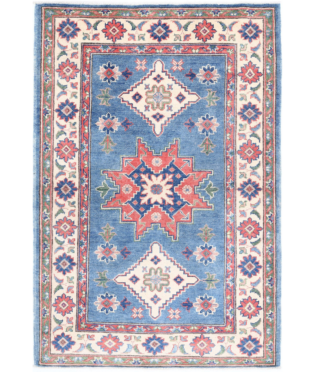 Kazak 3'2'' X 4'10'' Hand-Knotted Wool Rug 3'2'' x 4'10'' (95 X 145) / Blue / Ivory