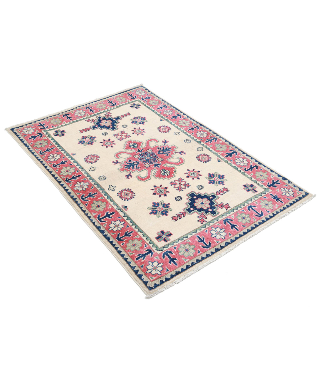 Kazak 3'2'' X 4'9'' Hand-Knotted Wool Rug 3'2'' x 4'9'' (95 X 143) / Ivory / Red