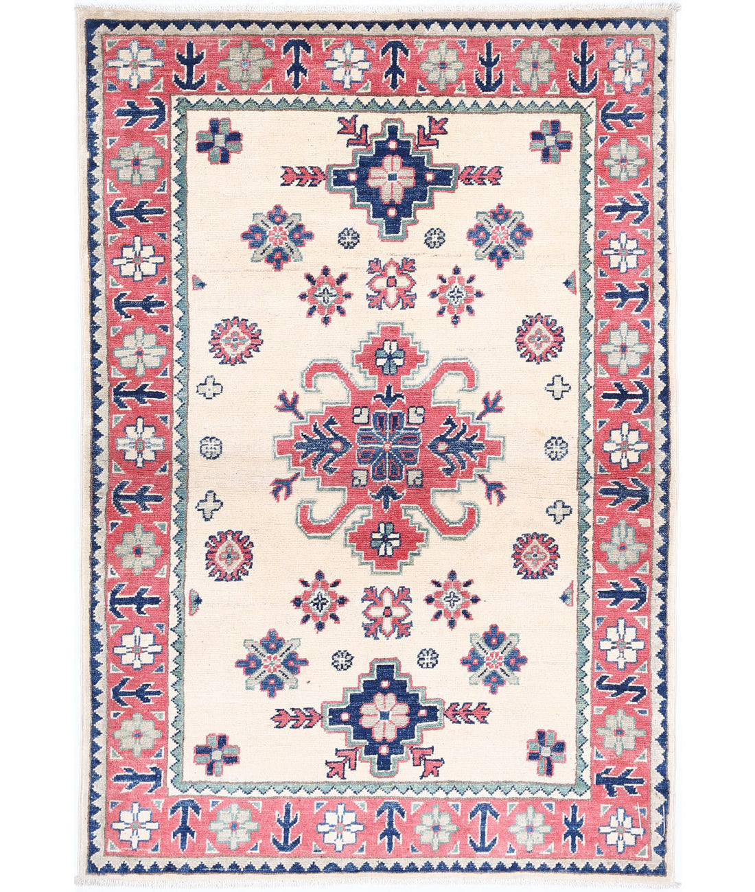 Kazak 3'2'' X 4'9'' Hand-Knotted Wool Rug 3'2'' x 4'9'' (95 X 143) / Ivory / Red