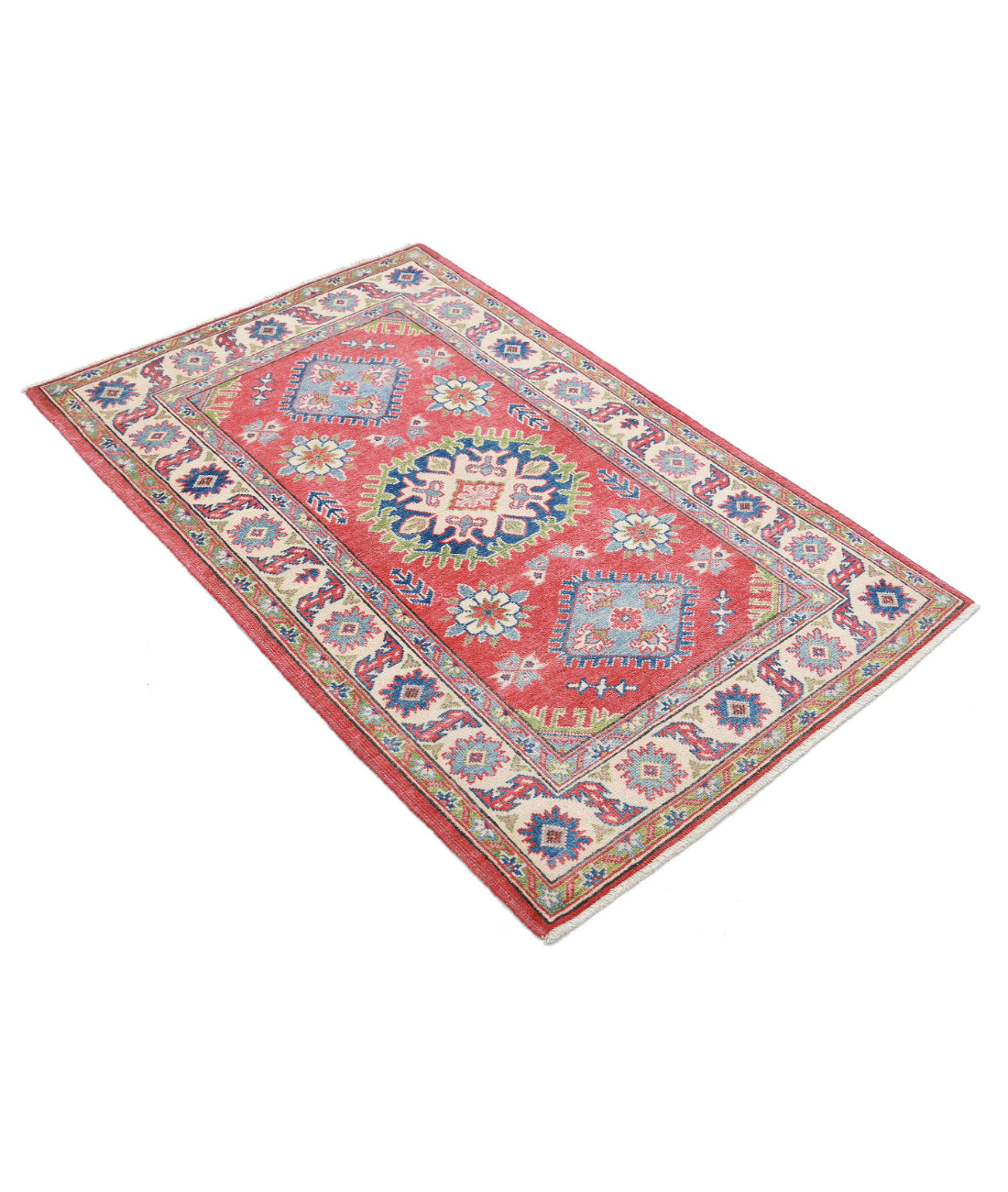 Kazak 3'0'' X 4'8'' Hand-Knotted Wool Rug 3'0'' x 4'8'' (90 X 140) / Red / Ivory