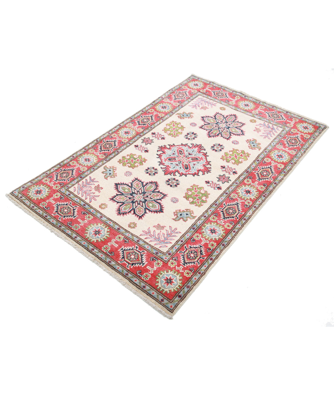 Kazak 3'3'' X 5'1'' Hand-Knotted Wool Rug 3'3'' x 5'1'' (98 X 153) / Ivory / Red