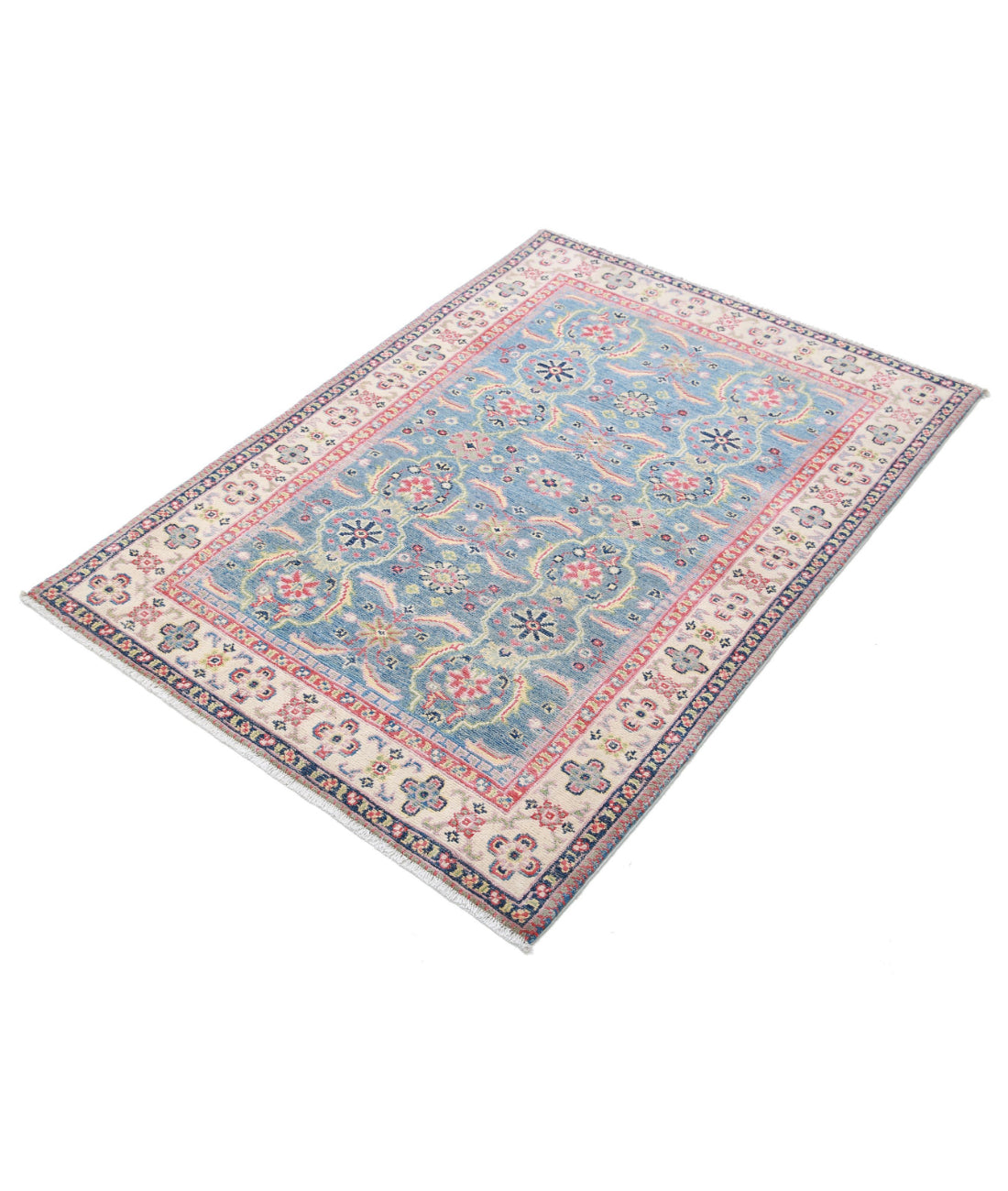 Kazak 3'2'' X 4'5'' Hand-Knotted Wool Rug 3'2'' x 4'5'' (95 X 133) / Blue / Ivory