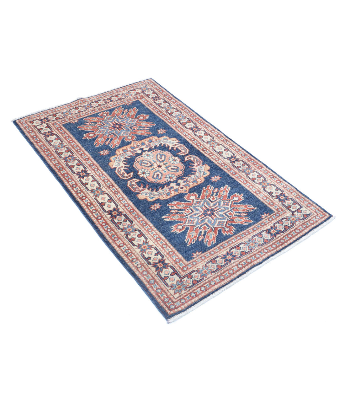 Kazak 3'0'' X 4'10'' Hand-Knotted Wool Rug 3'0'' x 4'10'' (90 X 145) / Blue / Ivory