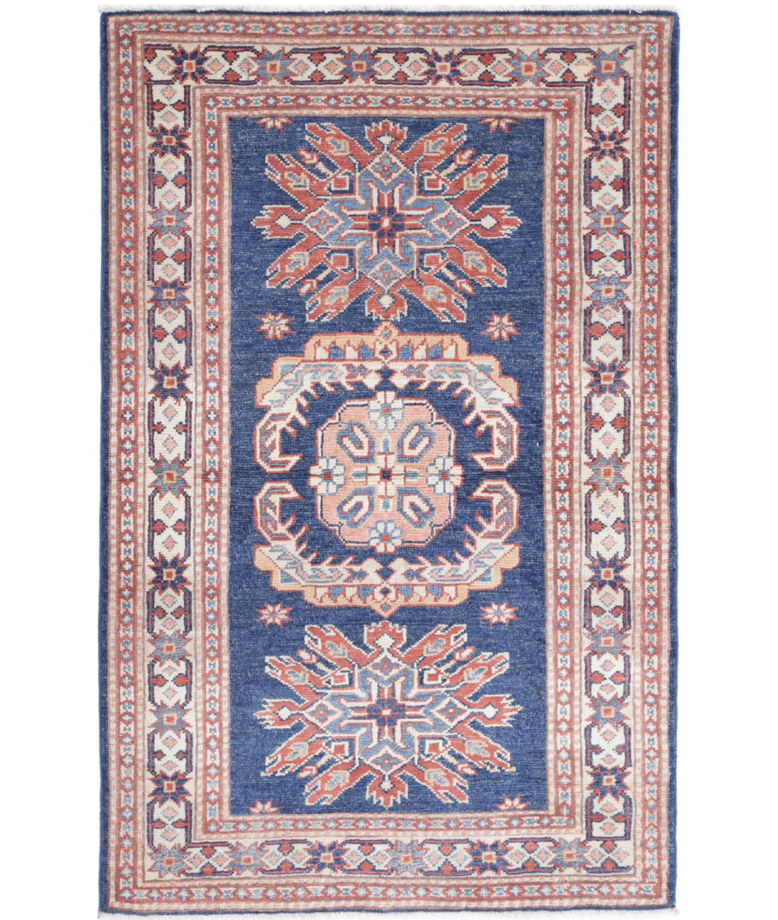 Kazak 3'0'' X 4'10'' Hand-Knotted Wool Rug 3'0'' x 4'10'' (90 X 145) / Blue / Ivory