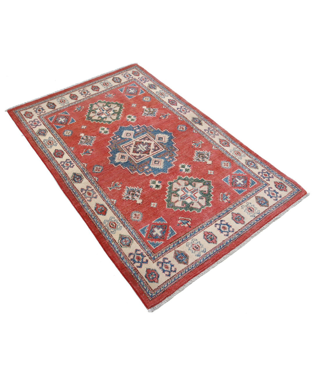 Kazak 3'2'' X 4'11'' Hand-Knotted Wool Rug 3'2'' x 4'11'' (95 X 148) / Red / Ivory