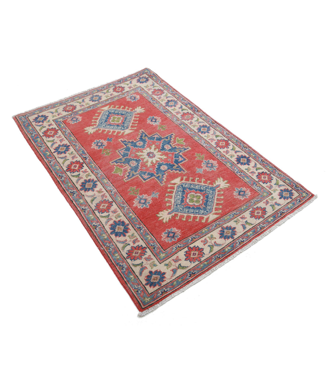 Kazak 3'3'' X 4'9'' Hand-Knotted Wool Rug 3'3'' x 4'9'' (98 X 143) / Red / Ivory