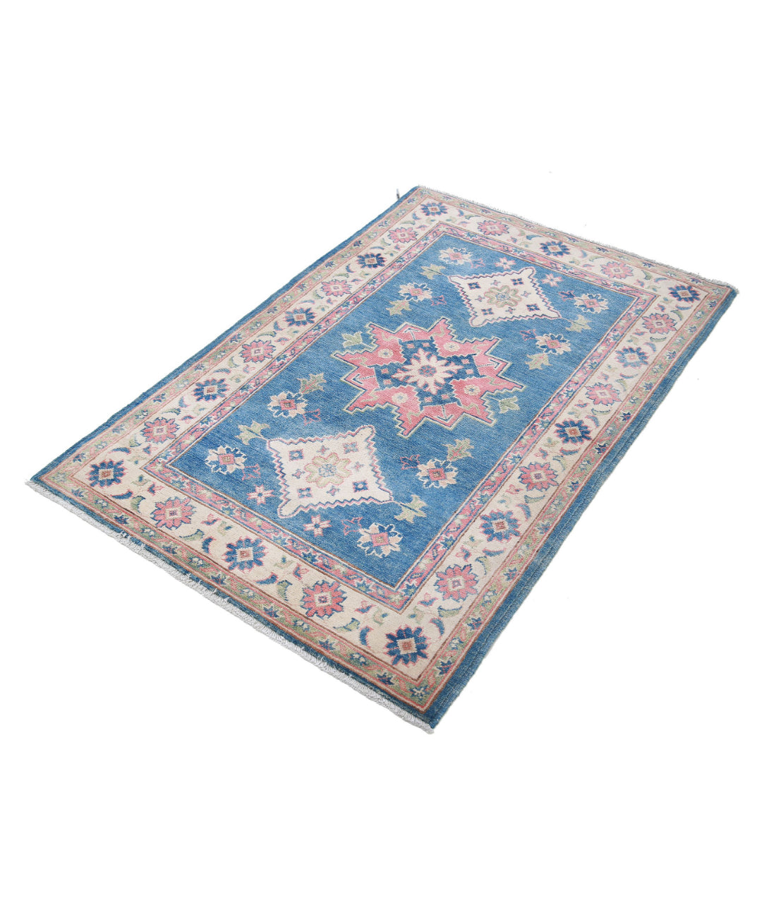 Kazak 3'2'' X 4'10'' Hand-Knotted Wool Rug 3'2'' x 4'10'' (95 X 145) / Blue / Ivory