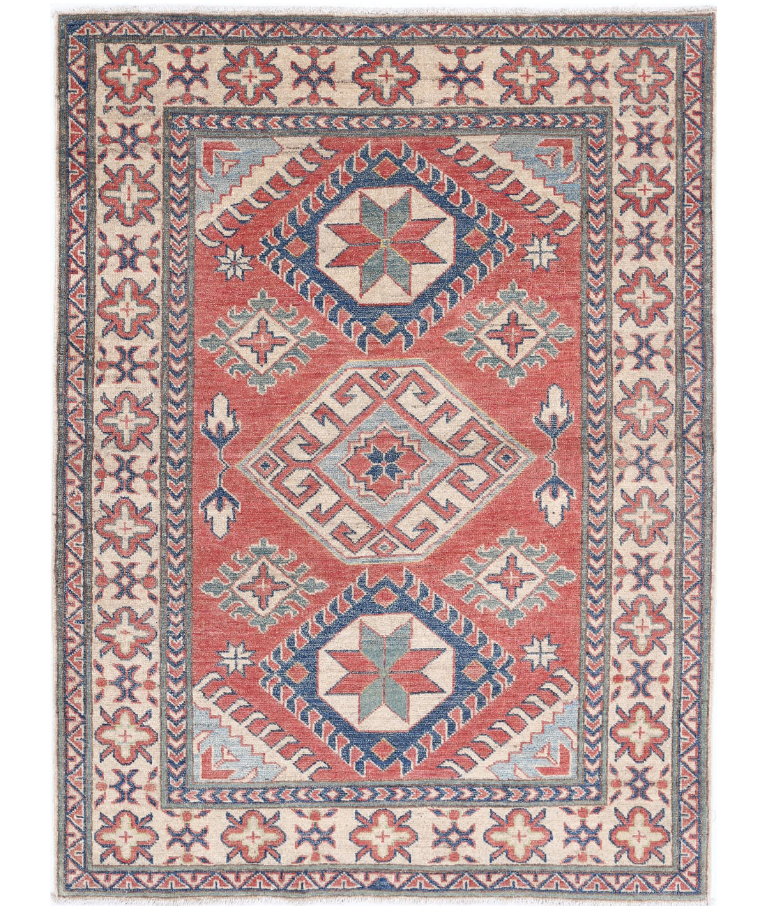 Kazak 4'0'' X 5'4'' Hand-Knotted Wool Rug 4'0'' x 5'4'' (120 X 160) / Red / Ivory