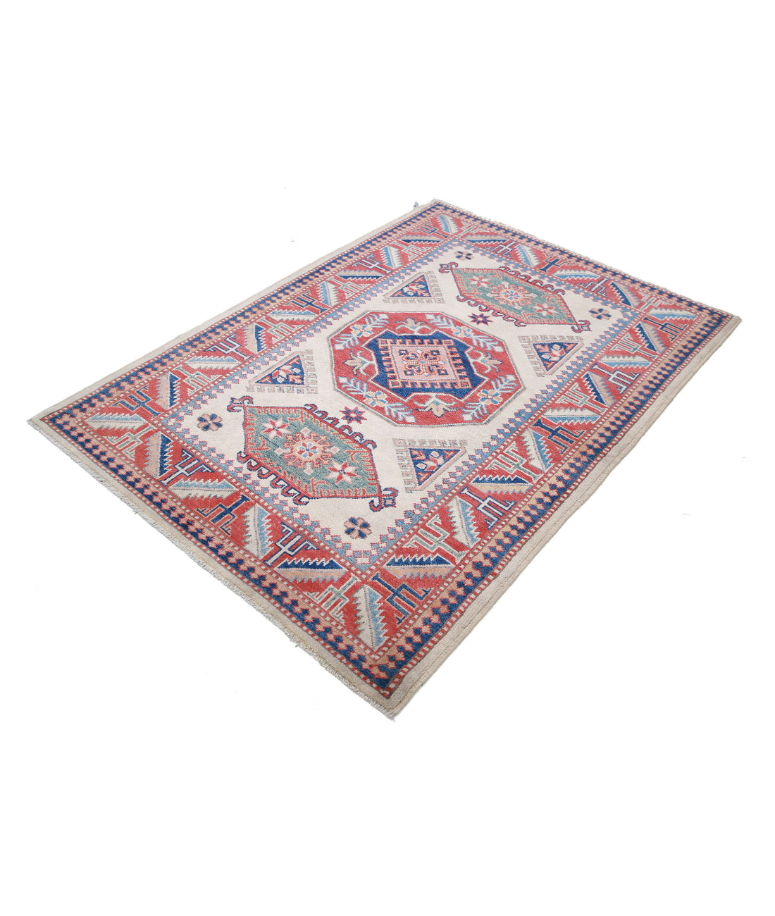 Kazak 4'2'' X 6'0'' Hand-Knotted Wool Rug 4'2'' x 6'0'' (125 X 180) / Ivory / Red