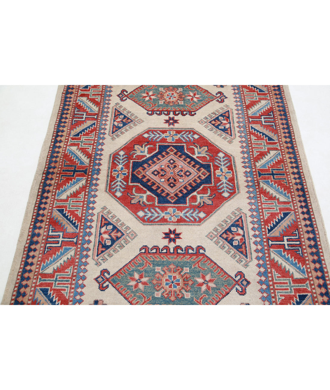 Kazak 4'2'' X 6'0'' Hand-Knotted Wool Rug 4'2'' x 6'0'' (125 X 180) / Ivory / Red