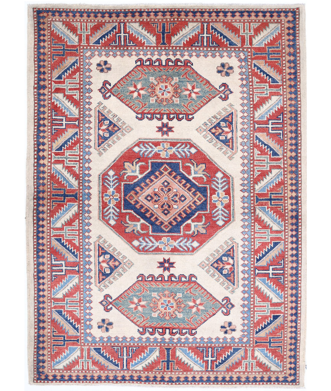 Kazak 4'2'' X 6'0'' Hand-Knotted Wool Rug 4'2'' x 6'0'' (125 X 180) / Ivory / Red