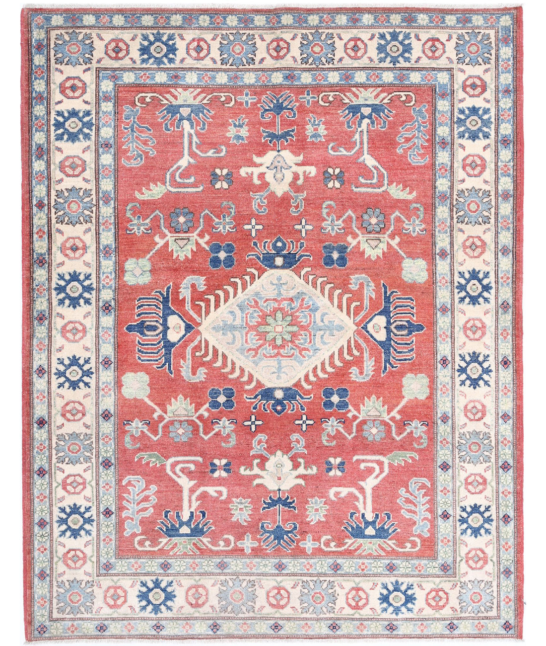 Kazak 5'0'' X 6'4'' Hand-Knotted Wool Rug 5'0'' x 6'4'' (150 X 190) / Red / Ivory