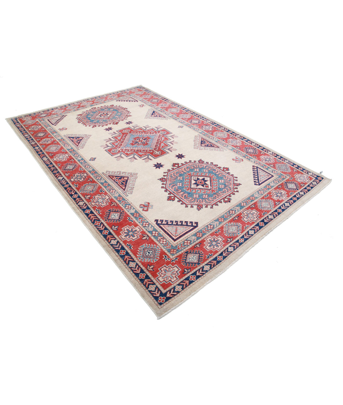 Kazak 6'3'' X 9'4'' Hand-Knotted Wool Rug 6'3'' x 9'4'' (188 X 280) / Ivory / Red