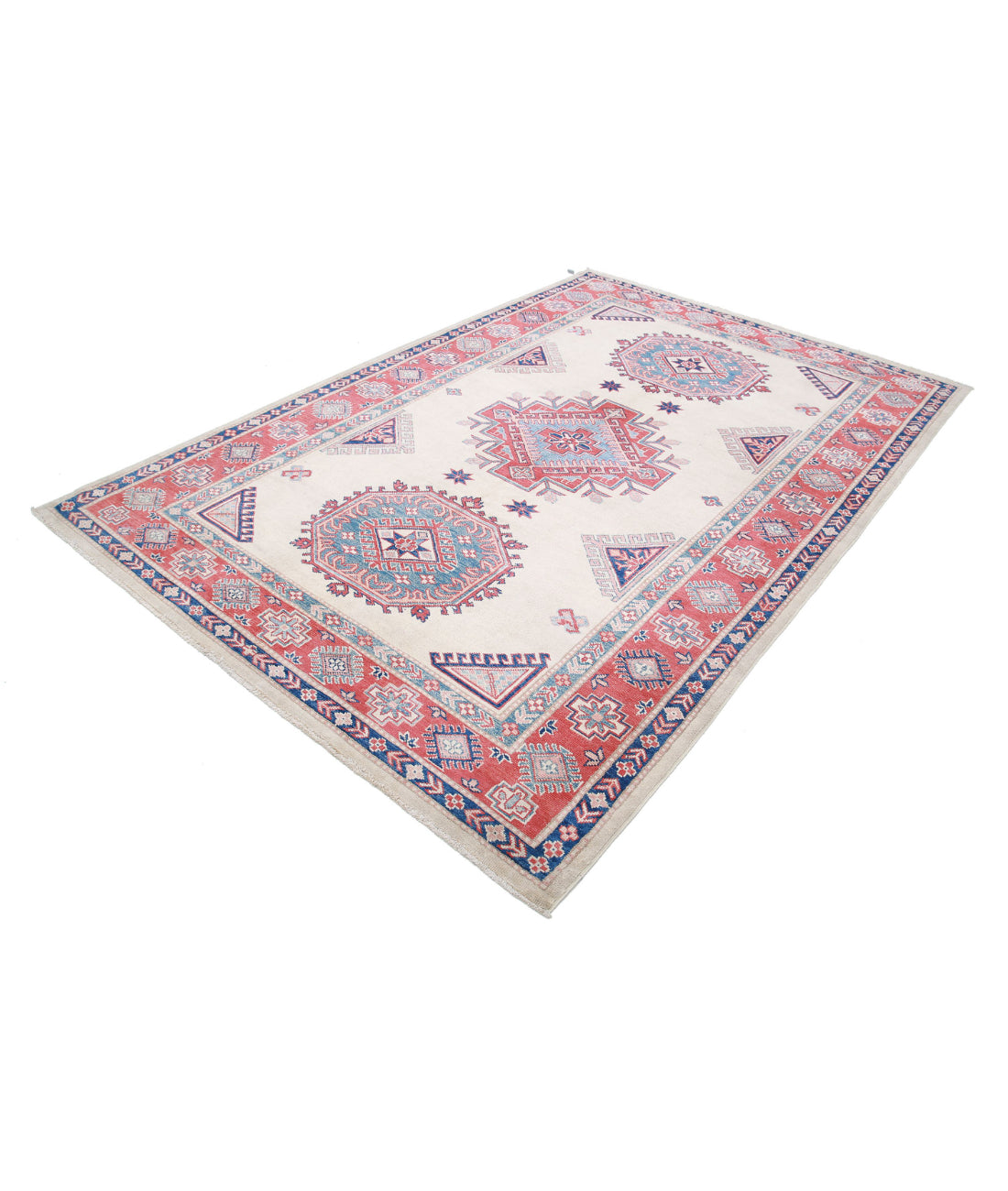 Kazak 6'3'' X 9'4'' Hand-Knotted Wool Rug 6'3'' x 9'4'' (188 X 280) / Ivory / Red