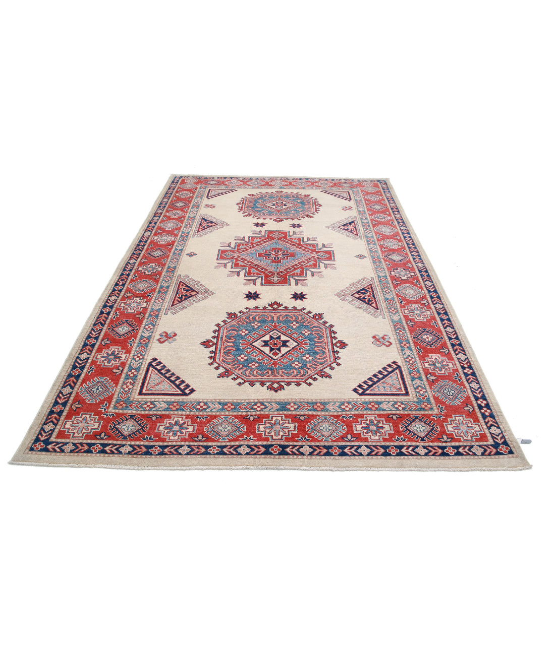 Kazak 6'3'' X 9'4'' Hand-Knotted Wool Rug 6'3'' x 9'4'' (188 X 280) / Ivory / Red