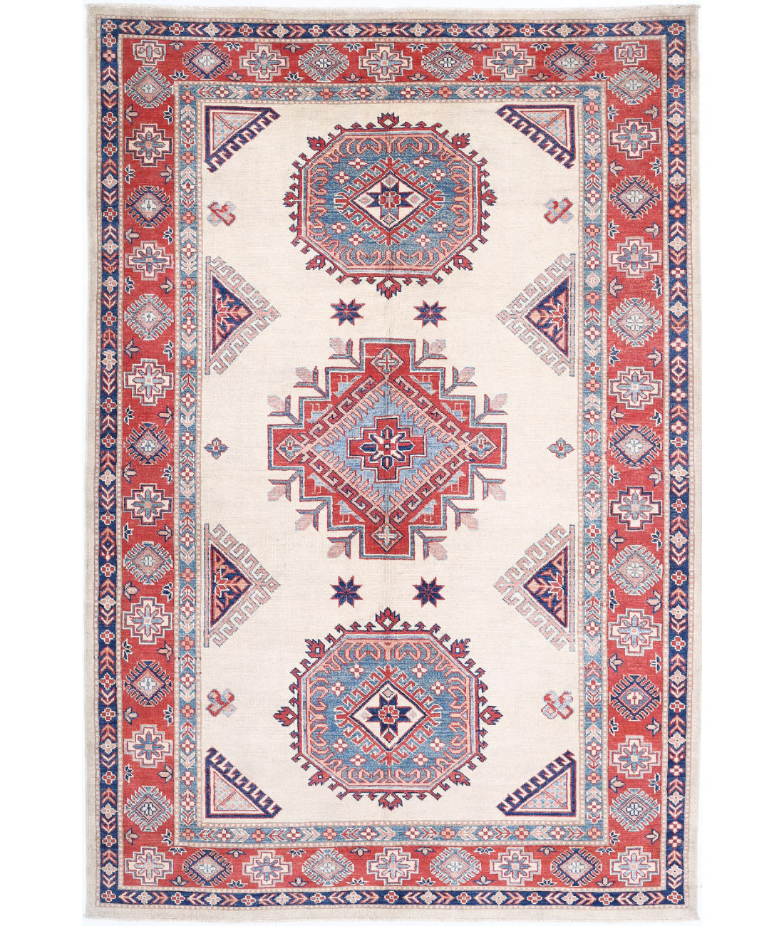 Kazak 6'3'' X 9'4'' Hand-Knotted Wool Rug 6'3'' x 9'4'' (188 X 280) / Ivory / Red