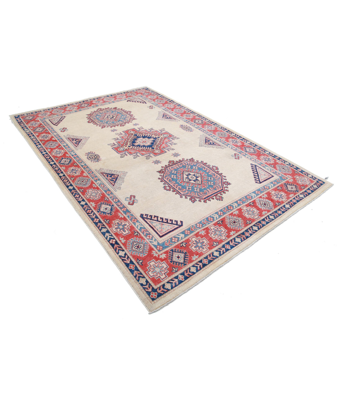 Kazak 6'2'' X 9'2'' Hand-Knotted Wool Rug 6'2'' x 9'2'' (185 X 275) / Ivory / Red