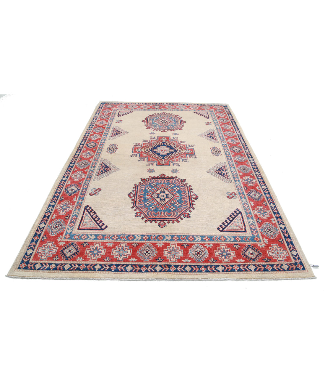 Kazak 6'2'' X 9'2'' Hand-Knotted Wool Rug 6'2'' x 9'2'' (185 X 275) / Ivory / Red