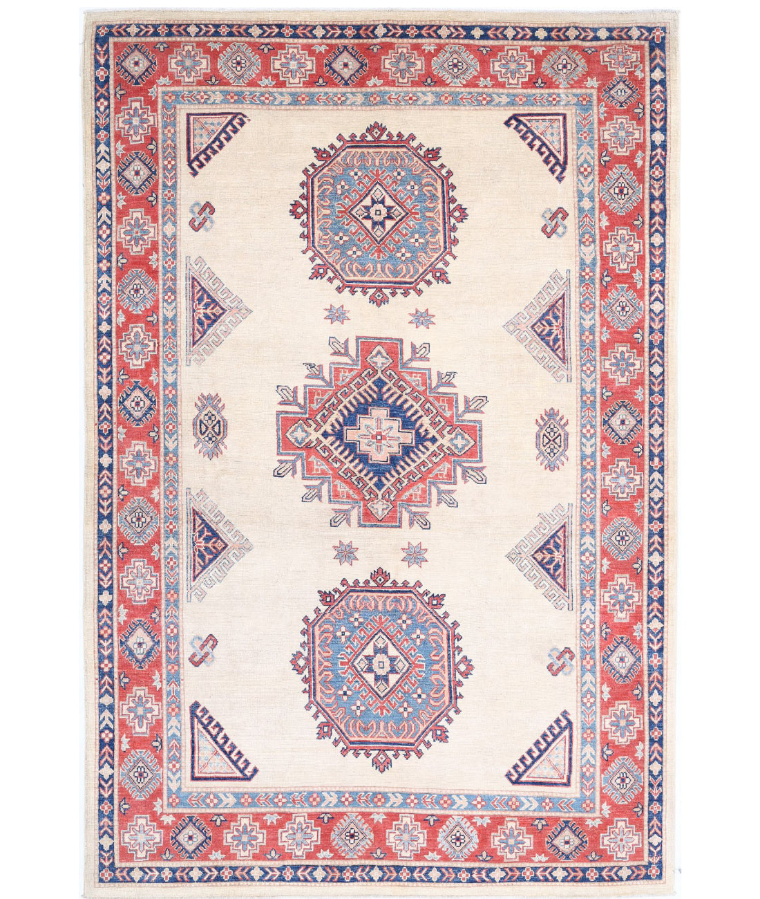 Kazak 6'2'' X 9'2'' Hand-Knotted Wool Rug 6'2'' x 9'2'' (185 X 275) / Ivory / Red