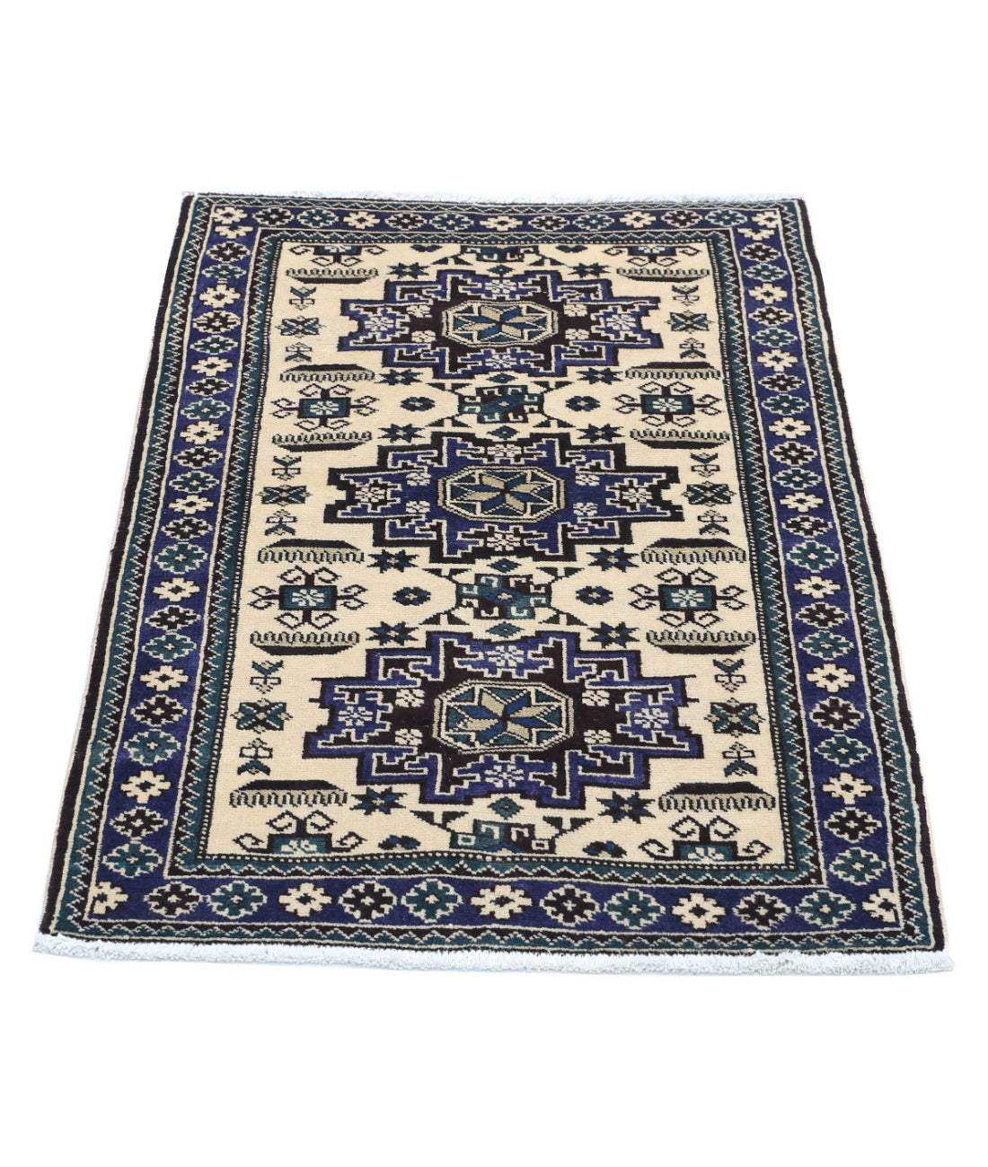 Kazak 2'5'' X 3'4'' Hand-Knotted Wool Rug 2'5'' x 3'4'' (73 X 100) / Ivory / Blue