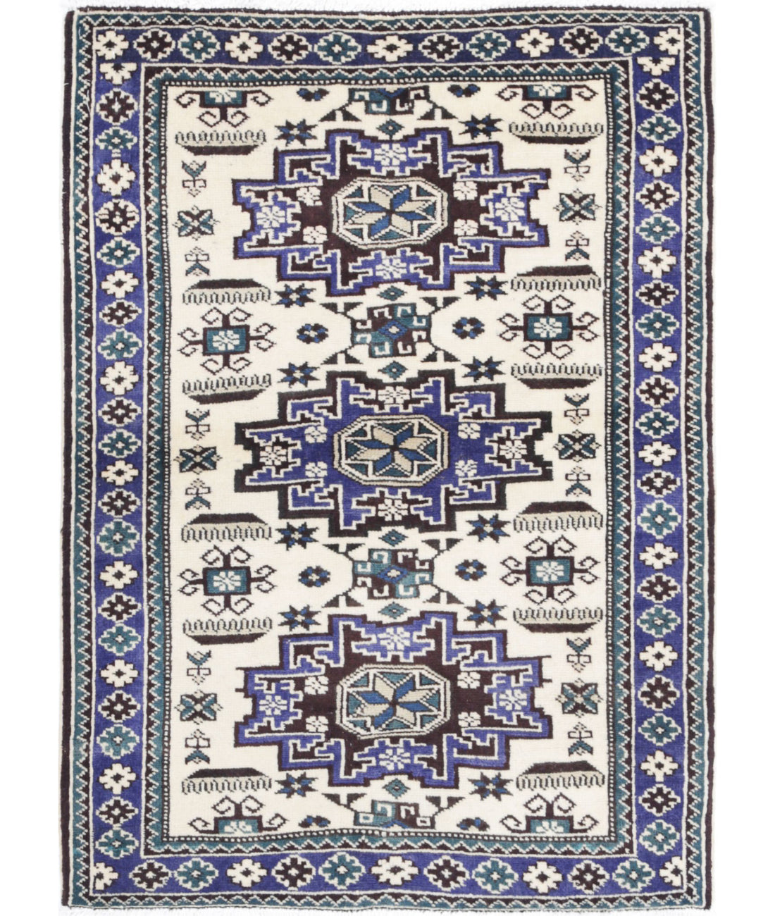 Kazak 2'5'' X 3'4'' Hand-Knotted Wool Rug 2'5'' x 3'4'' (73 X 100) / Ivory / Blue