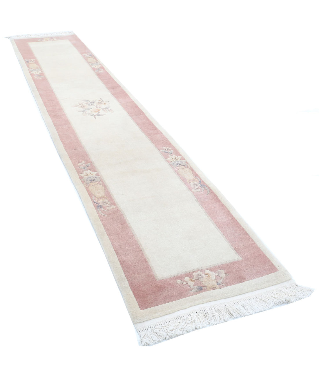 Chinese 2'6'' X 11'11'' Hand-Knotted Wool Rug 2'6'' x 11'11'' (75 X 358) / Ivory / Pink