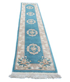 Chinese 2'3'' X 11'11'' Hand-Knotted Wool Rug 2'3'' x 11'11'' (68 X 358) / Blue / Ivory