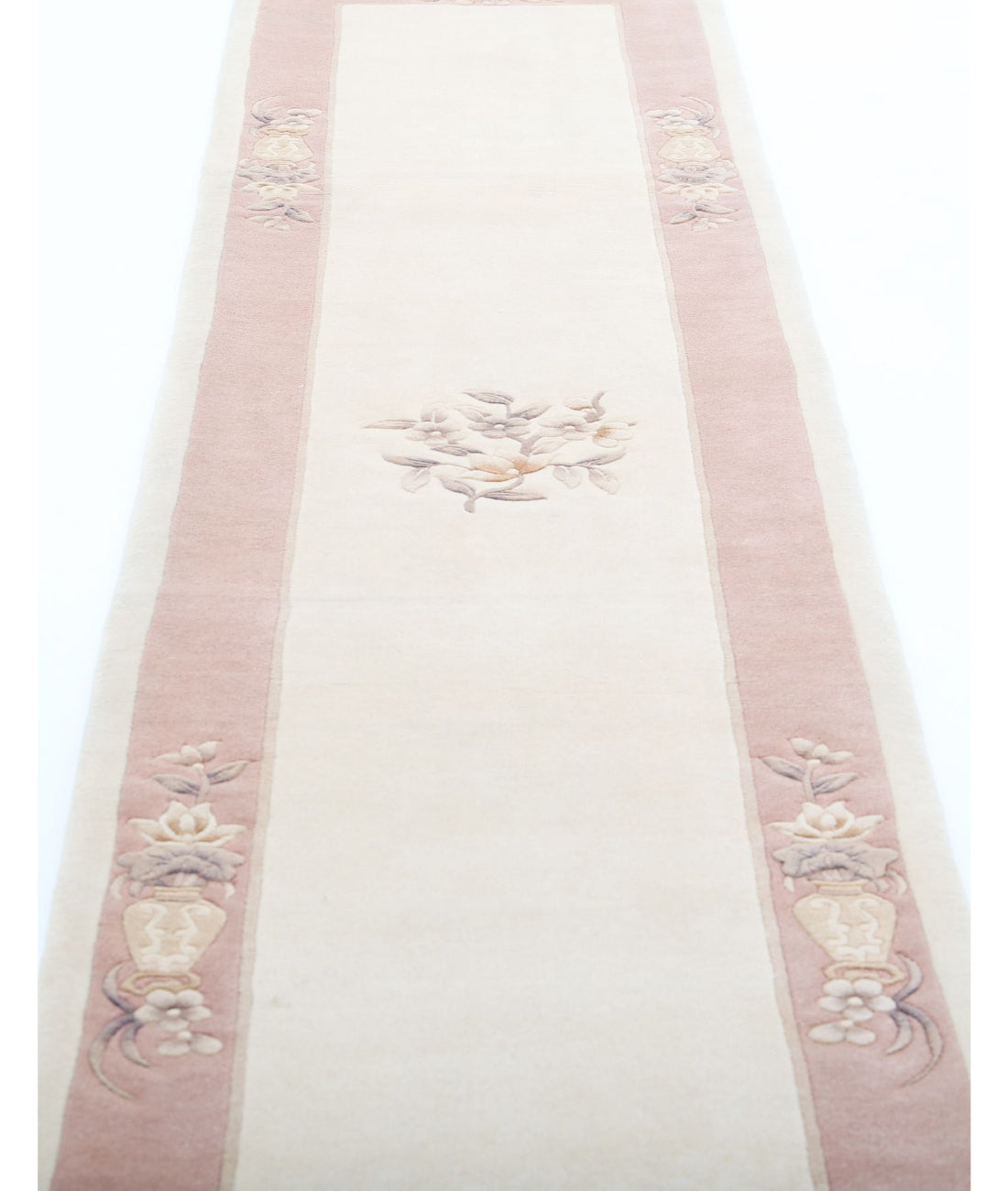 Chinese 2'6'' X 11'11'' Hand-Knotted Wool Rug 2'6'' x 11'11'' (75 X 358) / Ivory / Pink