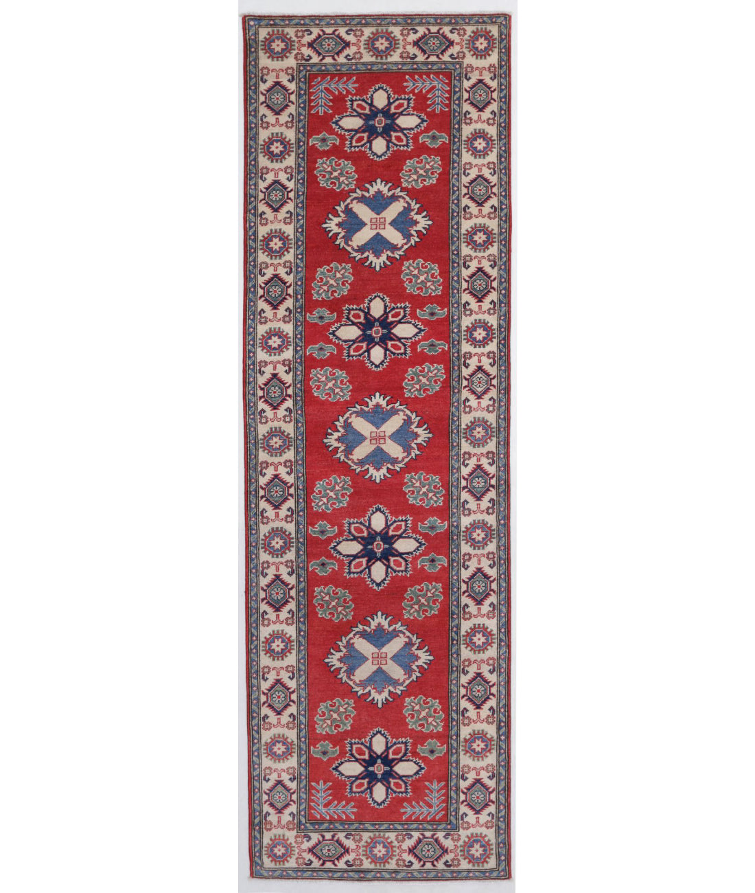 Kazak 2'8'' X 9'7'' Hand-Knotted Wool Rug 2'8'' x 9'7'' (80 X 288) / Red / Ivory