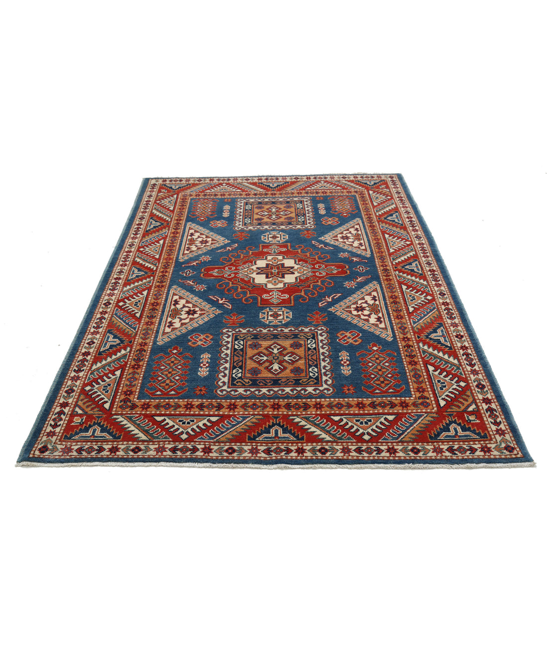 Kazak 4'10'' X 6'7'' Hand-Knotted Wool Rug 4'10'' x 6'7'' (145 X 198) / Blue / Red