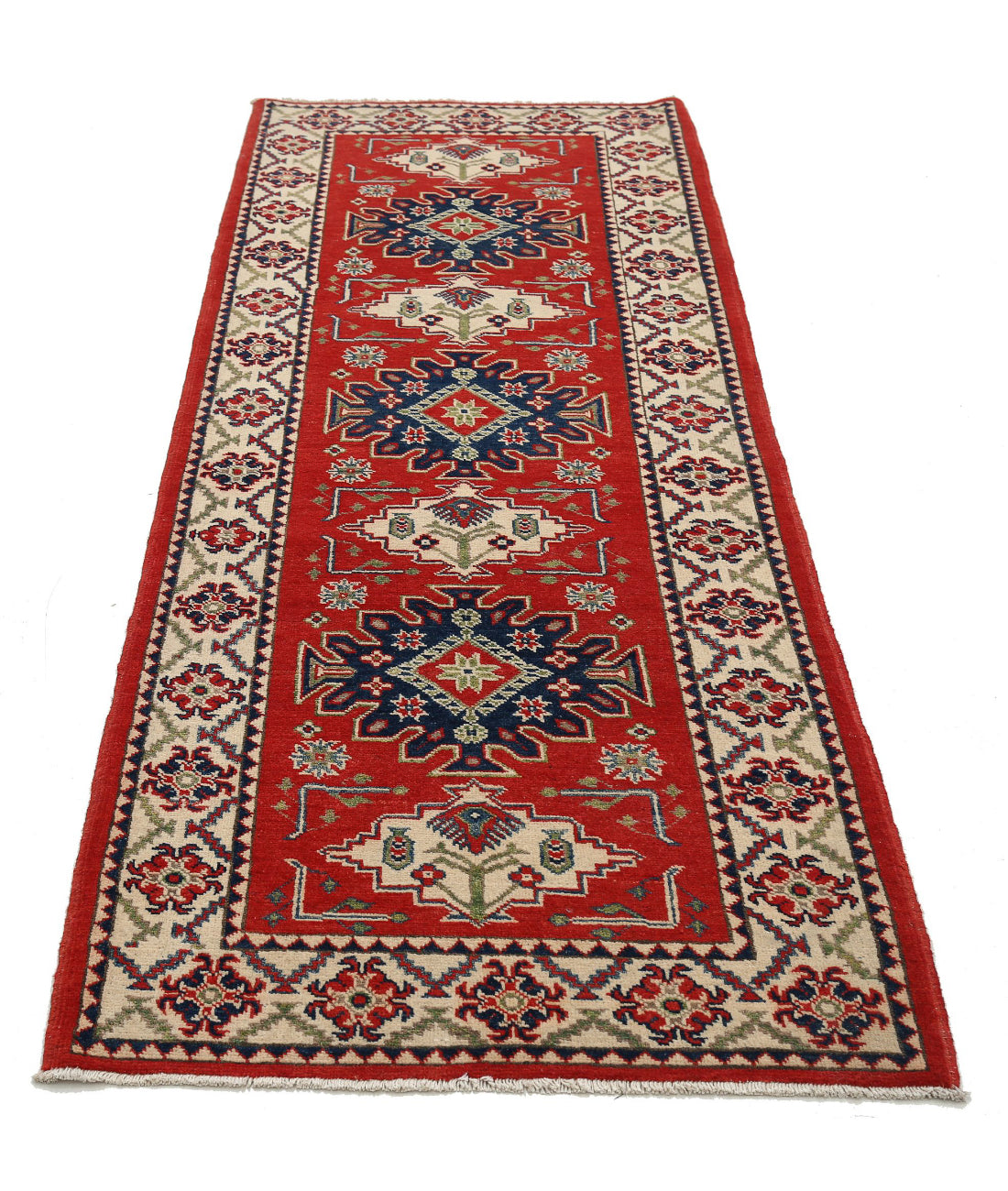 Kazak 2'10'' X 8'1'' Hand-Knotted Wool Rug 2'10'' x 8'1'' (85 X 243) / Red / Ivory