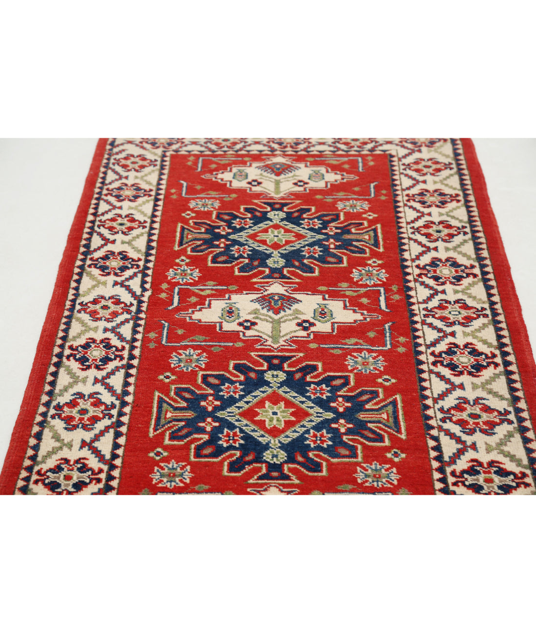 Kazak 2'10'' X 8'1'' Hand-Knotted Wool Rug 2'10'' x 8'1'' (85 X 243) / Red / Ivory