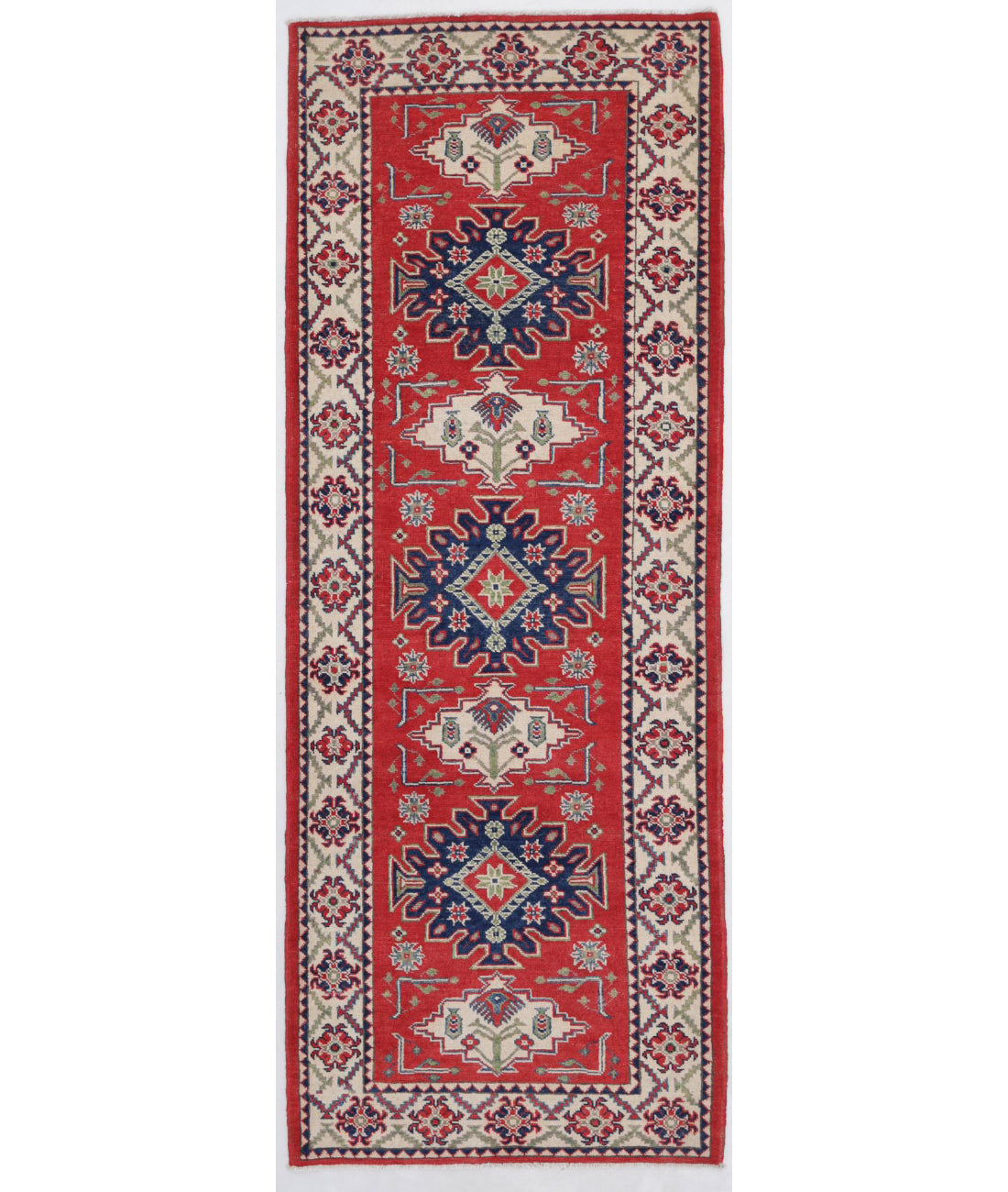 Kazak 2'10'' X 8'1'' Hand-Knotted Wool Rug 2'10'' x 8'1'' (85 X 243) / Red / Ivory