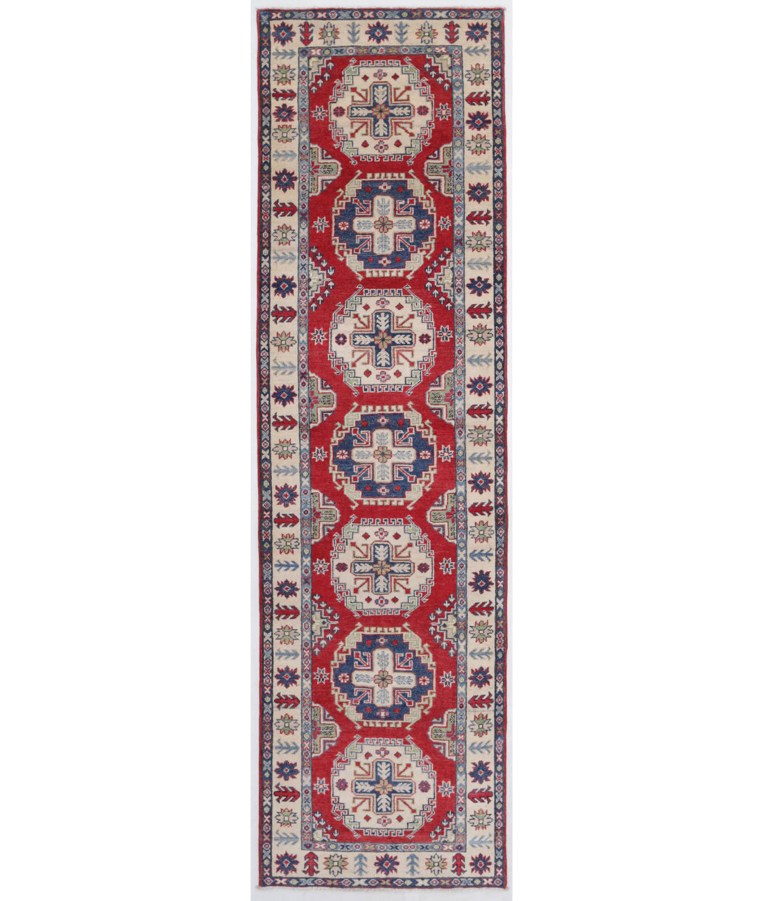 Kazak 2'7'' X 9'8'' Hand-Knotted Wool Rug 2'7'' x 9'8'' (78 X 290) / Red / Ivory