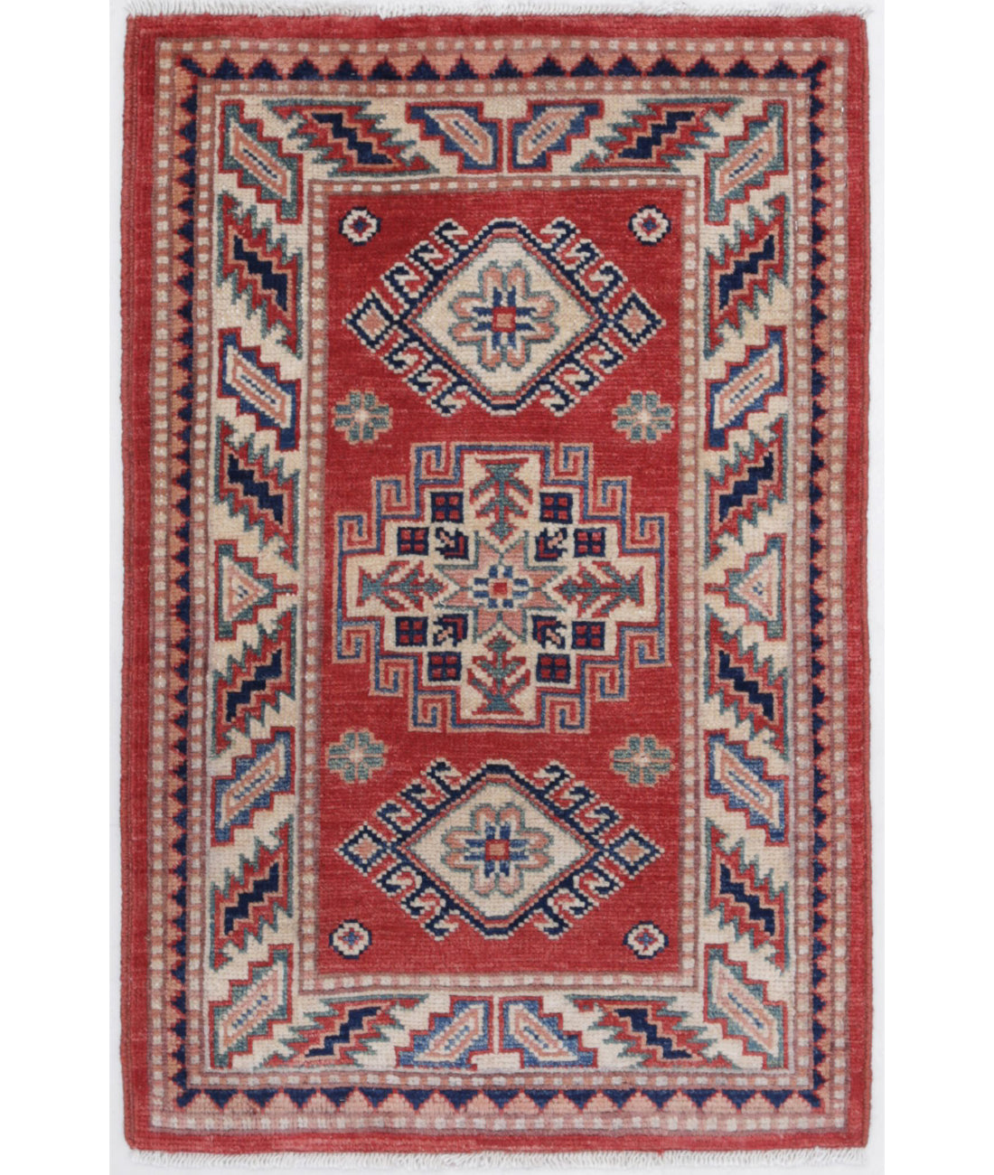 Kazak 2'0'' X 3'1'' Hand-Knotted Wool Rug 2'0'' x 3'1'' (60 X 93) / Red / Ivory