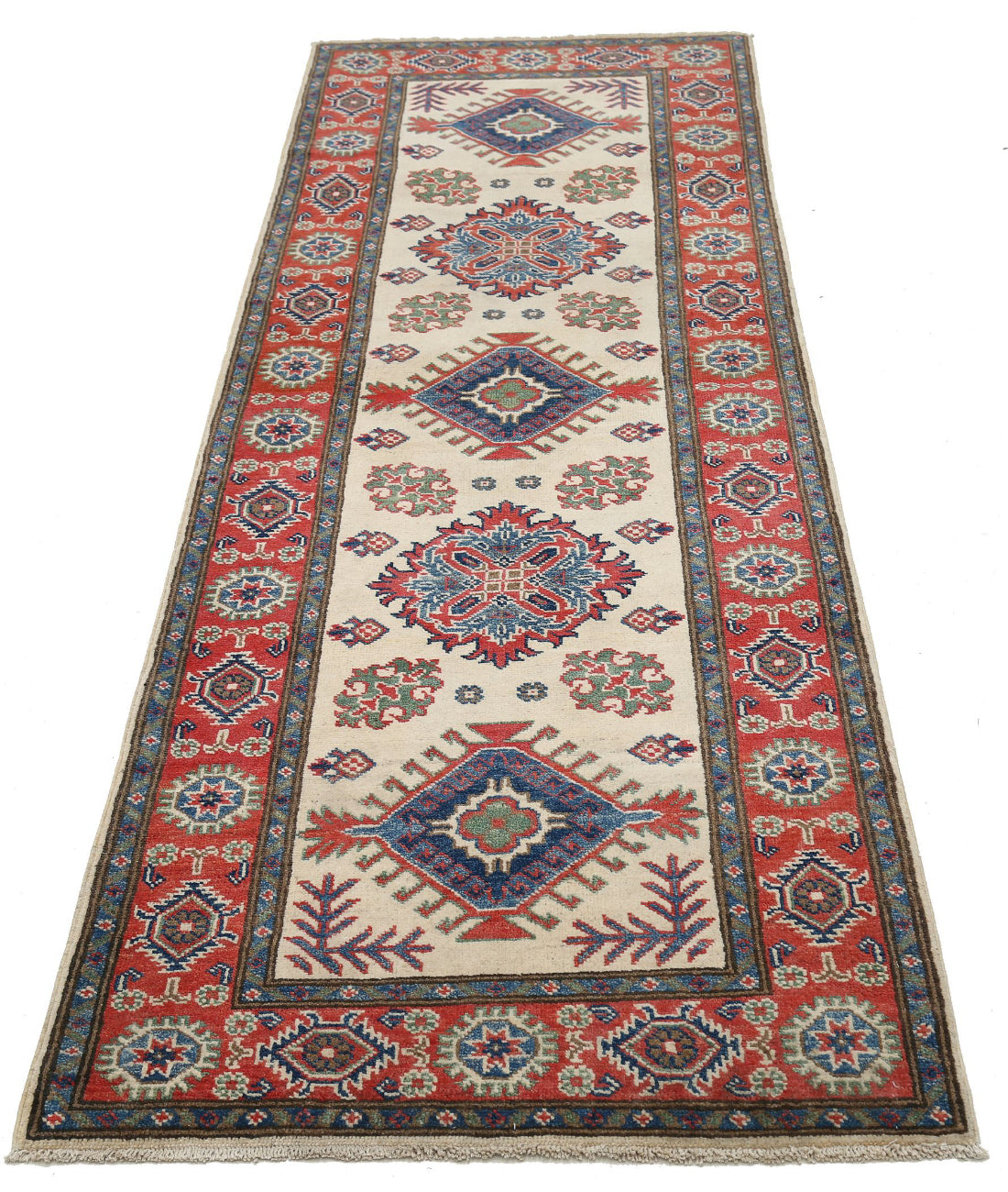 Kazak 2'8'' X 7'9'' Hand-Knotted Wool Rug 2'8'' x 7'9'' (80 X 233) / Ivory / Red