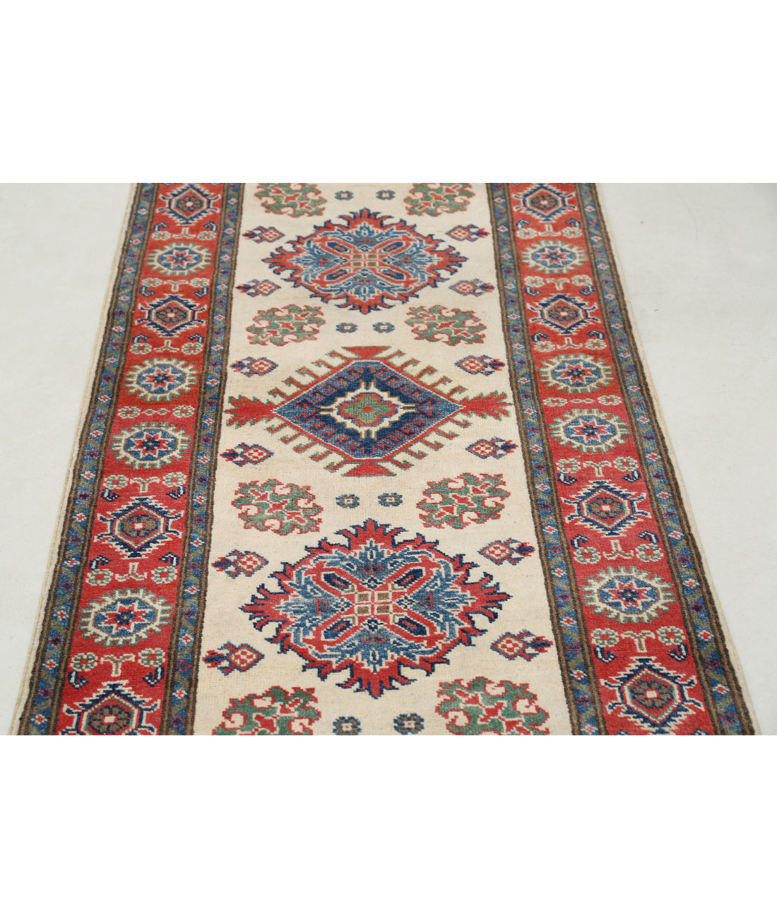 Kazak 2'8'' X 7'9'' Hand-Knotted Wool Rug 2'8'' x 7'9'' (80 X 233) / Ivory / Red