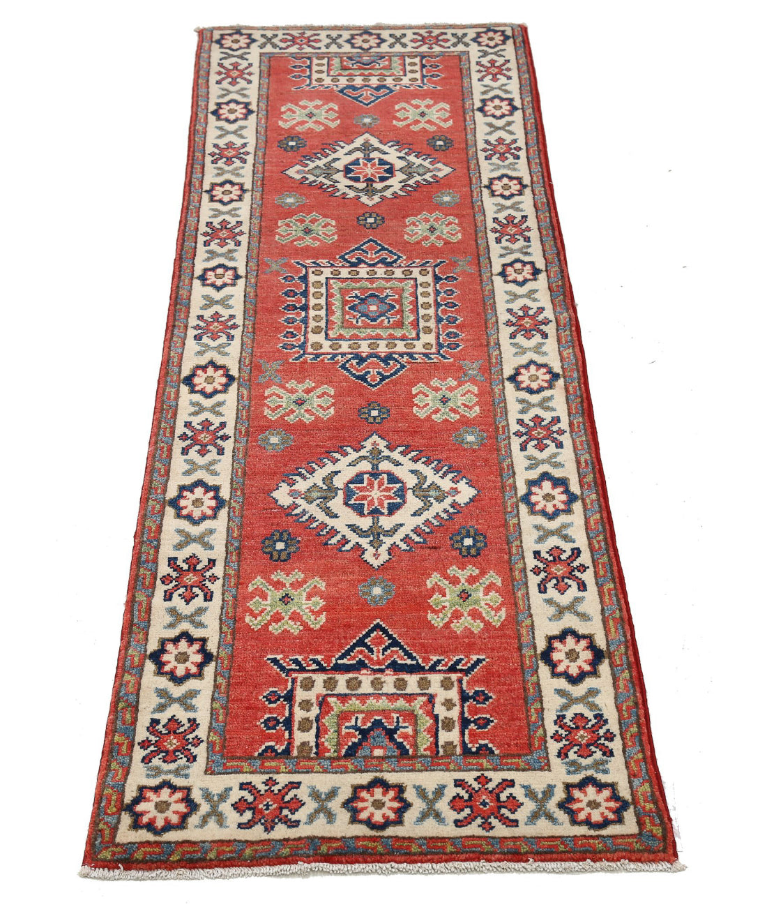 Kazak 1'10'' X 5'10'' Hand-Knotted Wool Rug 1'10'' x 5'10'' (55 X 175) / Red / Ivory