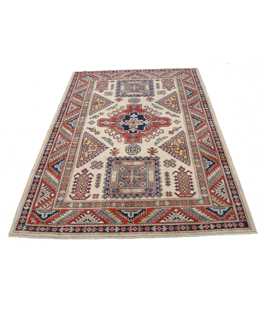 Kazak 4'9'' X 6'8'' Hand-Knotted Wool Rug 4'9'' x 6'8'' (143 X 200) / Ivory / Red