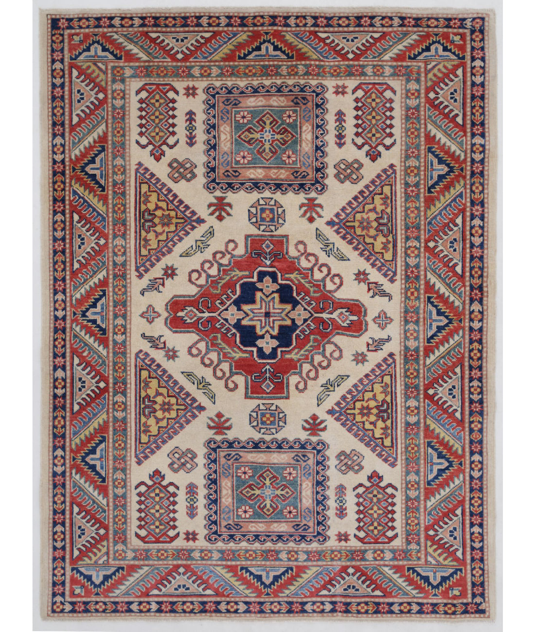 Kazak 4'9'' X 6'8'' Hand-Knotted Wool Rug 4'9'' x 6'8'' (143 X 200) / Ivory / Red