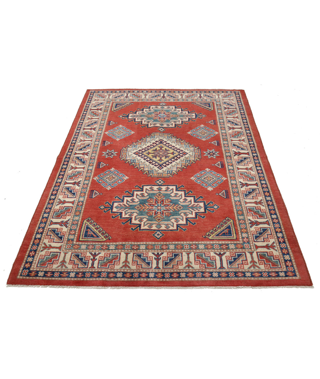 Kazak 4'10'' X 6'4'' Hand-Knotted Wool Rug 4'10'' x 6'4'' (145 X 190) / Red / Ivory