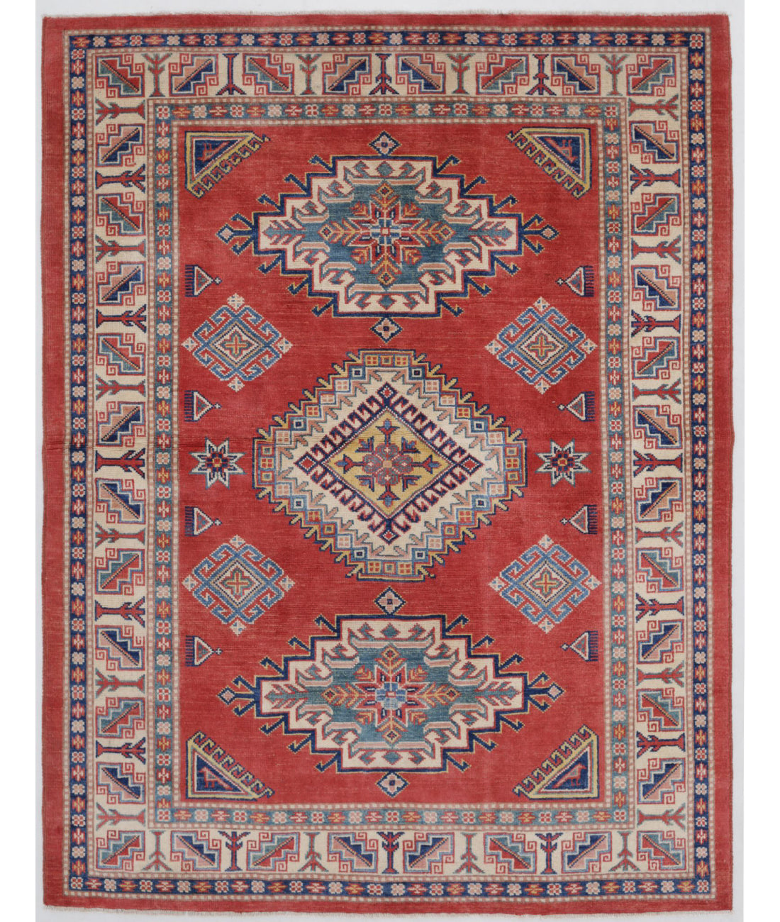 Kazak 4'10'' X 6'4'' Hand-Knotted Wool Rug 4'10'' x 6'4'' (145 X 190) / Red / Ivory