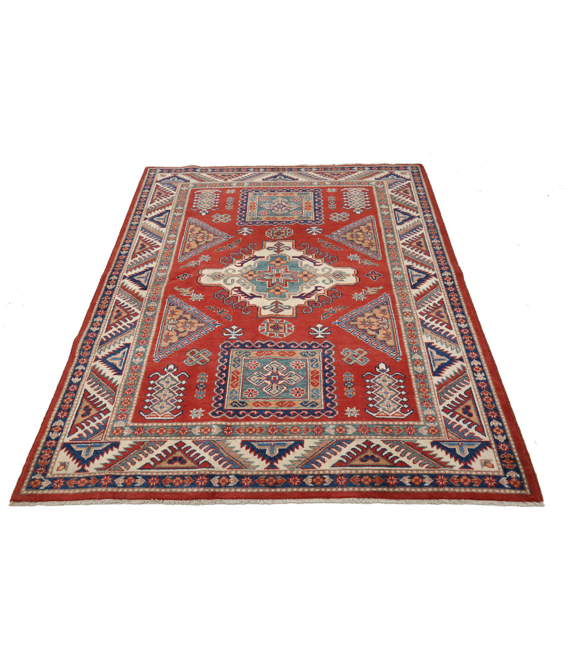 Kazak 4'11'' X 6'3'' Hand-Knotted Wool Rug 4'11'' x 6'3'' (148 X 188) / Red / Ivory