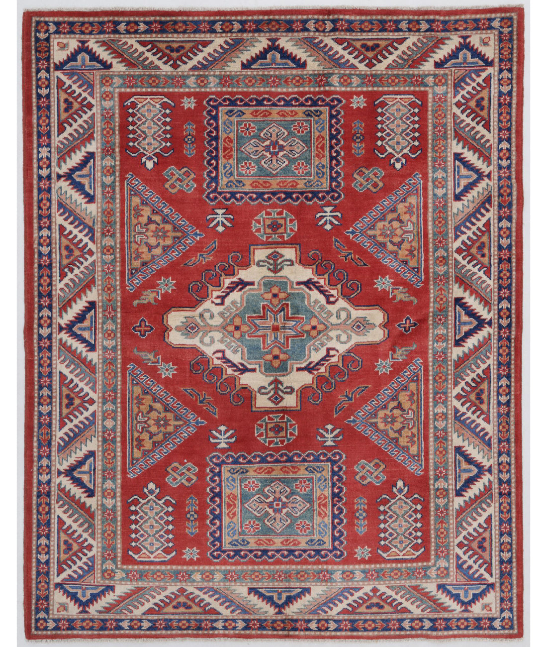 Kazak 4'11'' X 6'3'' Hand-Knotted Wool Rug 4'11'' x 6'3'' (148 X 188) / Red / Ivory