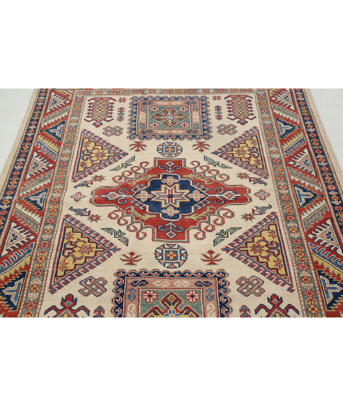 Kazak 4'10'' X 6'8'' Hand-Knotted Wool Rug 4'10'' x 6'8'' (145 X 200) / Ivory / Red