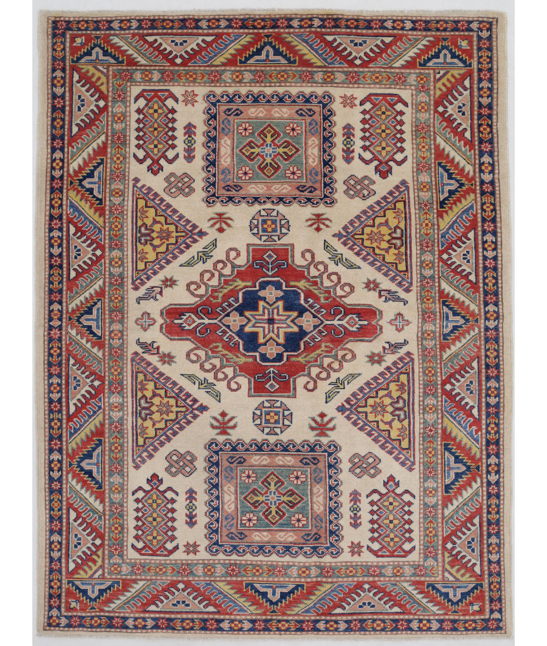 Kazak 4'10'' X 6'8'' Hand-Knotted Wool Rug 4'10'' x 6'8'' (145 X 200) / Ivory / Red