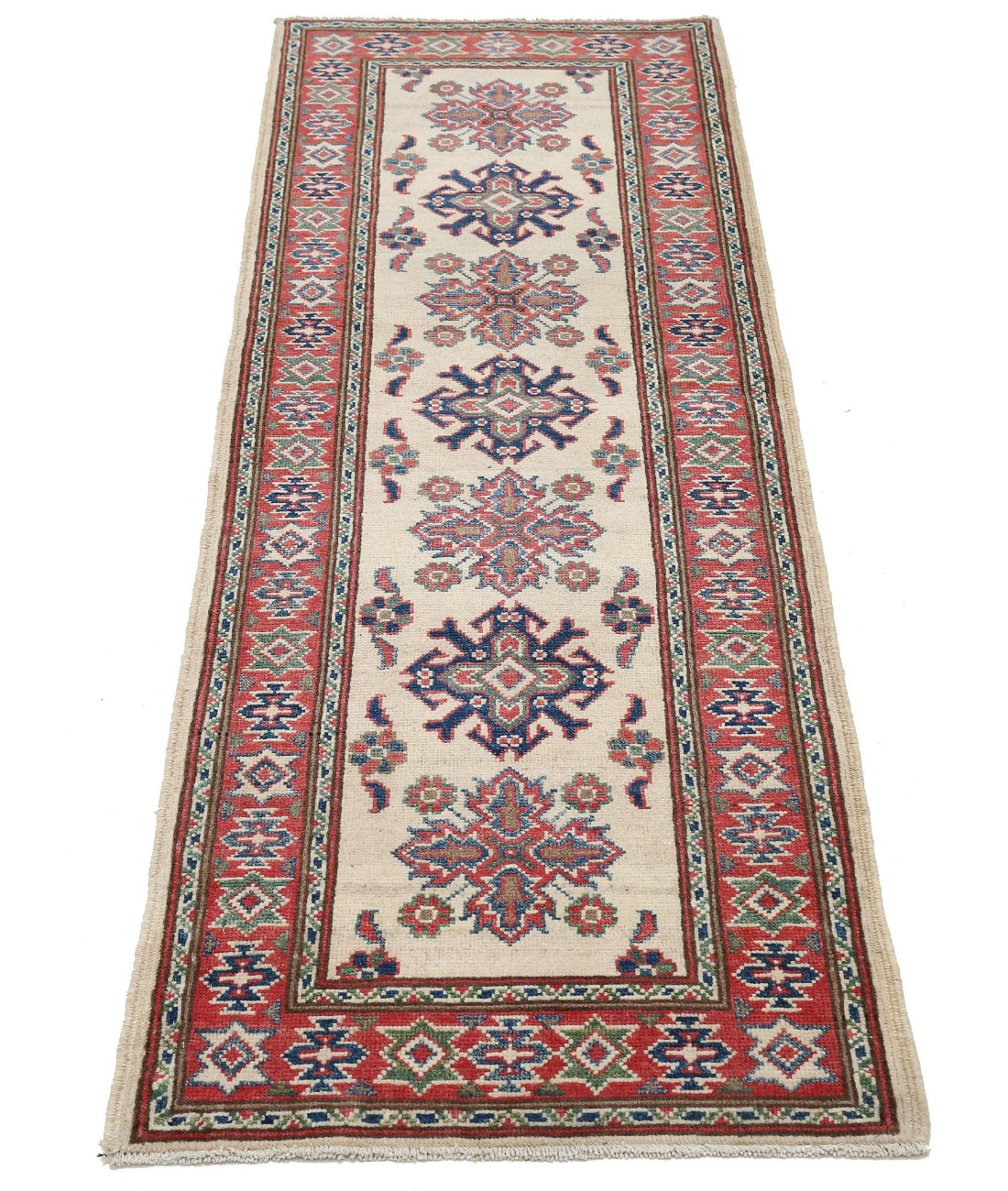 Kazak 2'0'' X 6'2'' Hand-Knotted Wool Rug 2'0'' x 6'2'' (60 X 185) / Ivory / Red