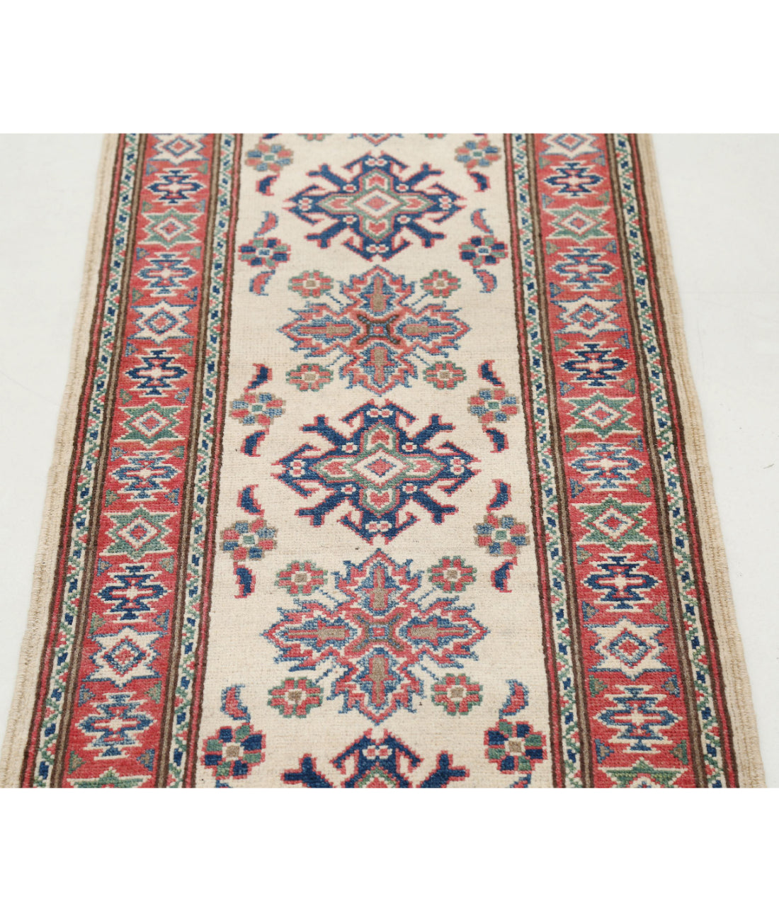 Kazak 2'0'' X 6'2'' Hand-Knotted Wool Rug 2'0'' x 6'2'' (60 X 185) / Ivory / Red